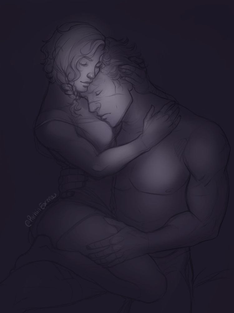 A shaded sketch in Purple of Aletris and Jasper. She sits on his lap, cradling his head against her chest while he pulls her into him.