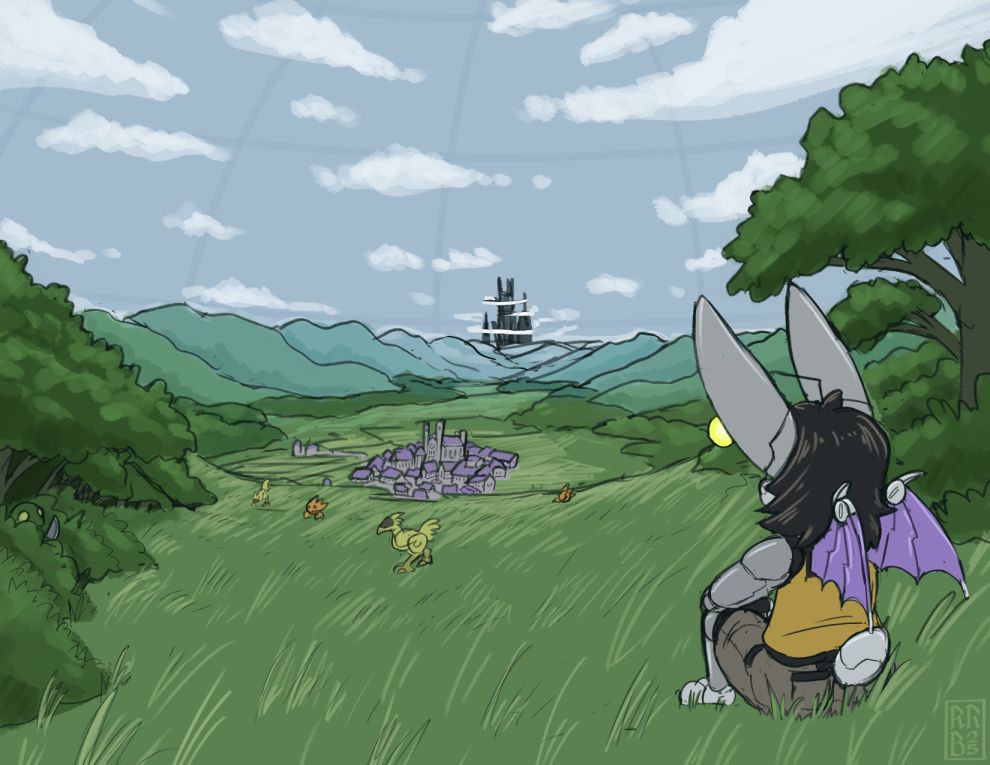 A robot moogle sits on a hill, overlooking a landscape with robotic monsters, a town, and an evil tower looming in the distance. Everything is contained within a dome simulating the environment.