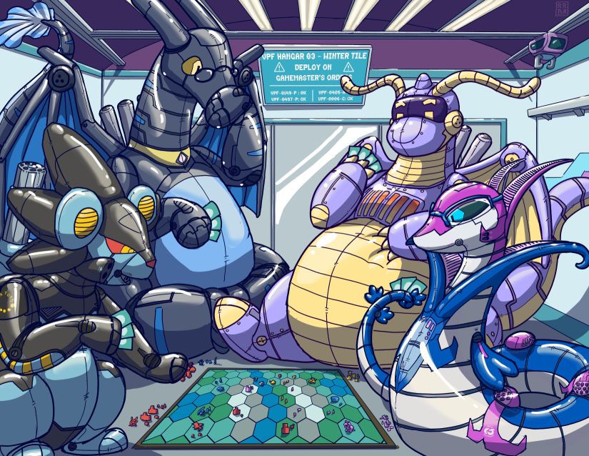 a rubber-mecha luxray, charizard, dragonite and serperior play a board game inside their hangar