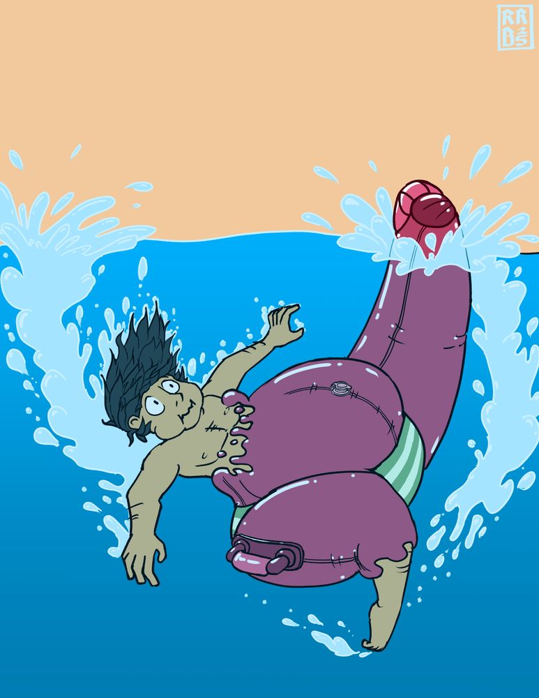 A human man jumps into a pool, only to be yanked back towards the surface as his lower body turns into that of an inflatable hippo pooltoy