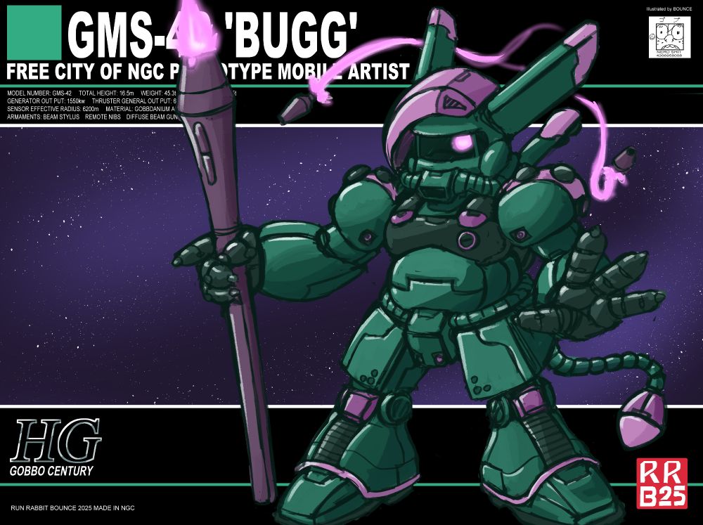 A goblin-shaped robot poses with a laser-tipped drawing stylus. The background is designed to mimic the box of a gundam plastic model