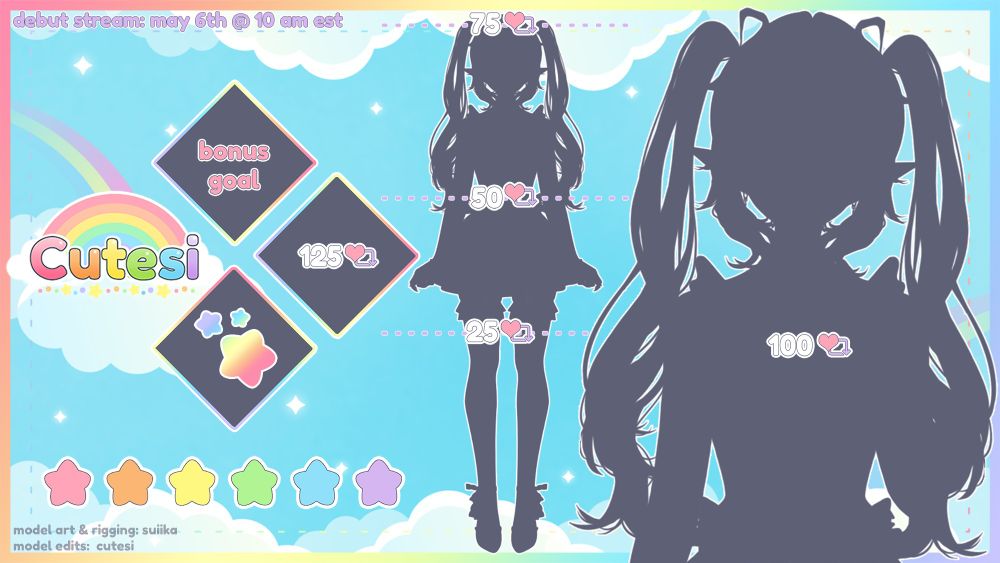 vtuber model reveal sheet with 2 silhouettes goals are 25, 50, 75, 100, and a bonus goal of 125 likes/reposts

debut stream may 6th @ 10 am est