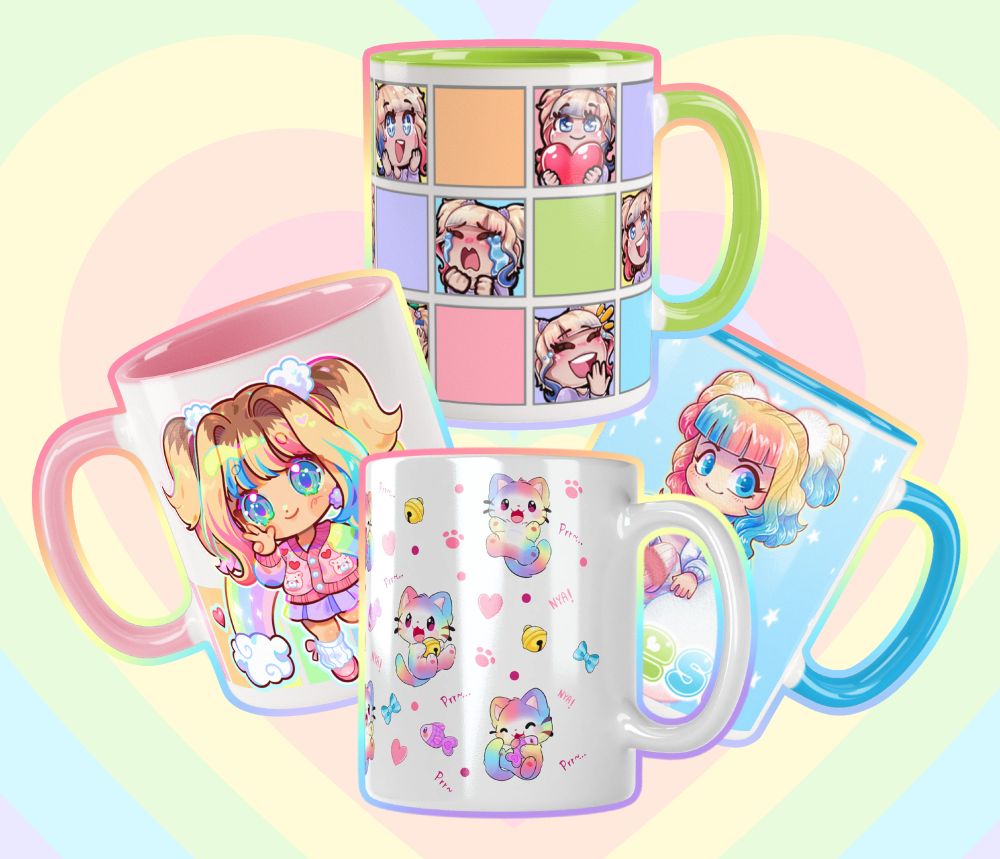 picture of 4 merch mugs with various rainbow and pastel color schemes