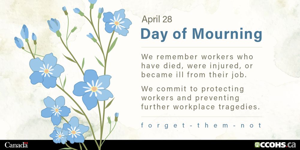 Graphic art of a a forget-me-not plant with three stems, peppered with multiple light blue buds and blooming flowers. At the bottom of the graphic is the Government of Canada logo and the ccohs.ca logo. Text to the right of the flowers reads: April 28 Day of Mourning. We remember workers who have died, were injured, or became ill from their job. We commit to protecting workers and preventing furhter workplace tragedies. forget-them-not.