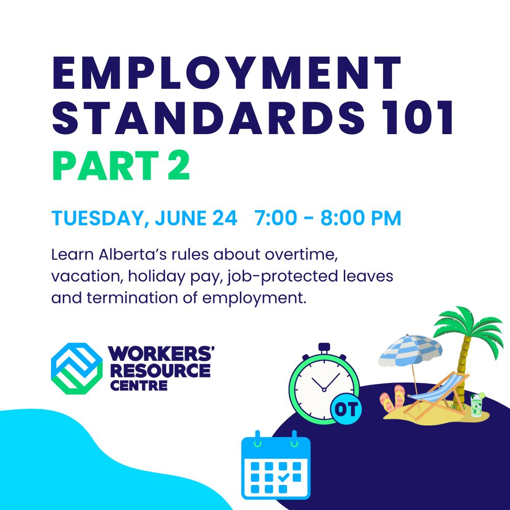 Employment Standards 101 Part 2. Tuesday, June 24, 7:00-8:00 PM. Learn Alberta's rules about overtime, vacation, holiday pay, job-protected leaves and termination of employment. Graphic images of a calendar with a check mark on a specific date, a clock with the label "OT" and an image of a beach with a palm tree, a cocktail glass with a lime slice on the rim, pink sandals and an umbrella.