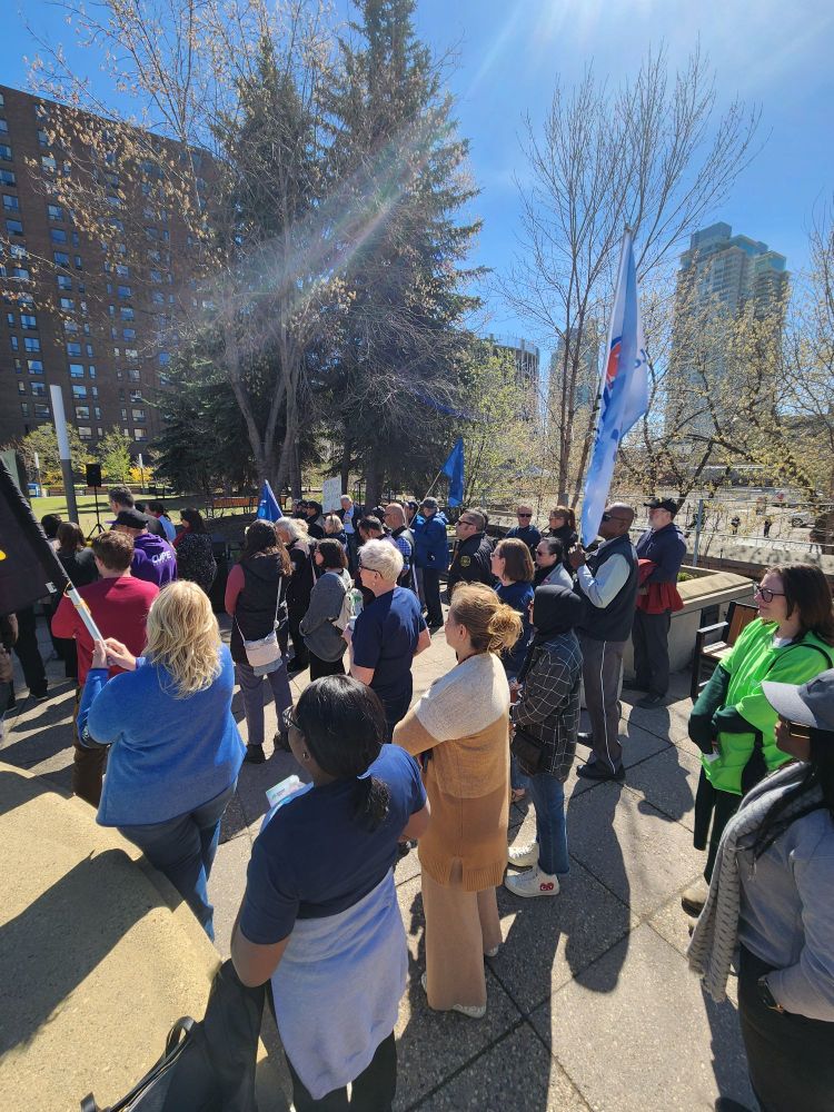 Photo of a group of approximately 50 people gathering outside on a bright sunny day, all looking in the same direction. Some people in the crowd are holding flags. There are large trees and a three high rise buildings in the background.