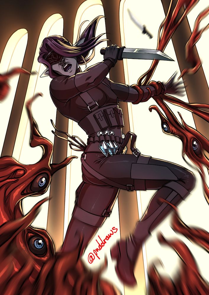 Illustration of a grey-skinned elf man in a black tactical suit mid-jump, swinging a dagger in one hand and shouting as his other arm is grabbed by fleshy tentacles, knocking his second dagger away. 