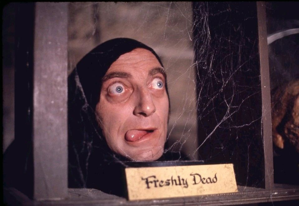 Marty Feldman in "Young Frankenstein," in front of a sign that says "Freshly Dead" 