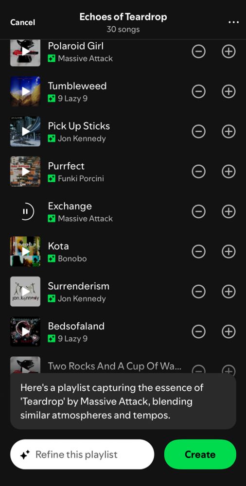 Screenshot of Spotify showing ai created playlist. Followed by summarised prompt and input field for text