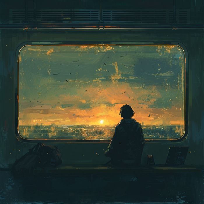 An AI generated image showing a person looking out of a window, finding calm in a sunset. Technology sits next to the person in the shadows.