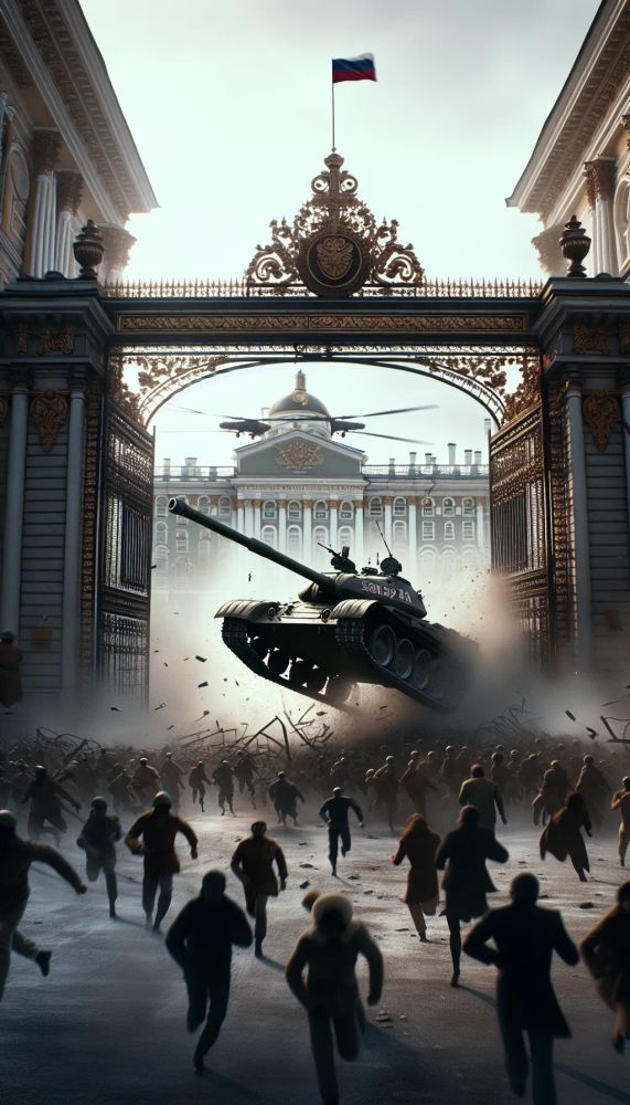 A dramatic scene of a T-54 tank crashing through the gates of the Presidential Palace in Saigon. The streets are filled with chaos, with people running in all directions. The sky is filled with the sound of helicopter blades, and the air is thick with smoke and tension. The moment captures the symbolic fall of Saigon.