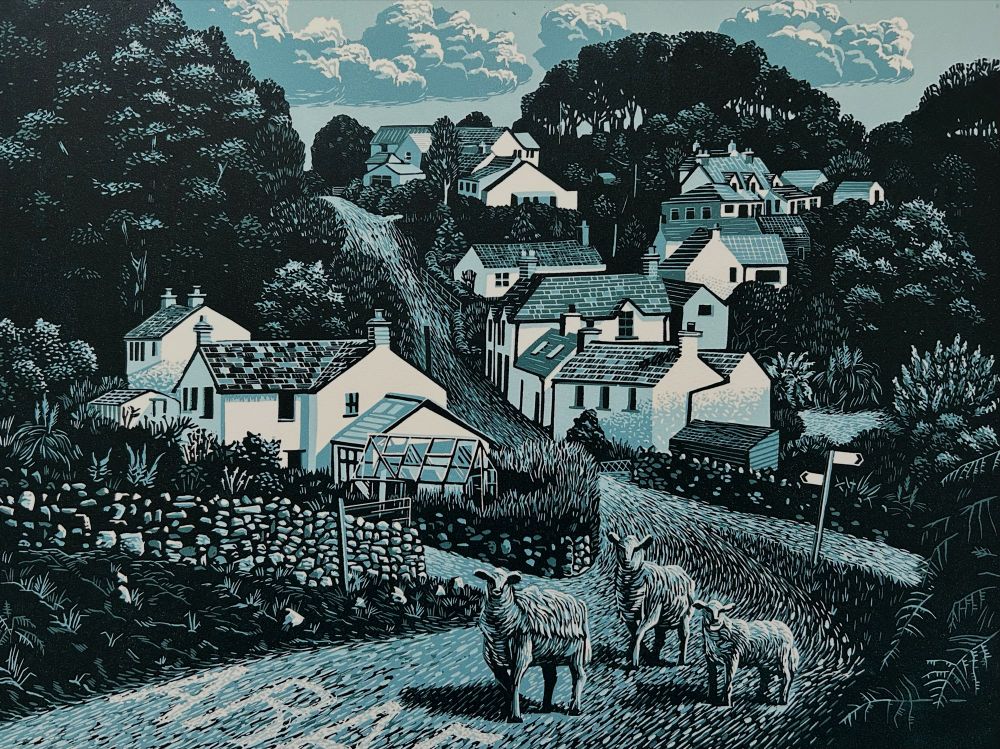 Linoprint in shades of blue. It shows Llanmadog hill on Gower with three sheep staring at the viewer in the foreground 