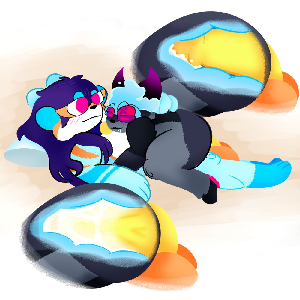 Zack is a blue antro tiger with orange stripes with white tummy fur, his cock is yellow and his balls are orange. Zacks dick is inside Wraths ass, Wrath is a dark gray raccoon demon, wrath has 4 eyes and there hair is a blue fire.
Wrath is laying ontop of Zack.
There are 2 x ray views. The first is Zacks dick inside Wrath, his cock is its regular erected size. In the second Zacks dick is bigger as Wrath likes feeding full.
Wraths insides are blue and getting full of cum.