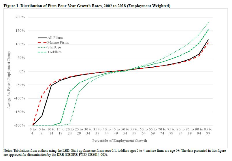 A line chart titled "Figure 1. Distribution of Firm Four-Year Growth Rates, 2002 to 2018 (Employment Weighted)." The x-axis represents the percentile of employment growth (ranging from 0 to 99), while the y-axis shows the average annual percent employment change (ranging from -200% to 200%).