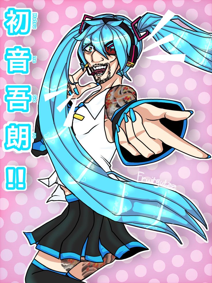 Majima from the Yakuza series dressed as Hatsune Miku. He's posed like an idol, pointing a hand out to the viewer and grinning. 