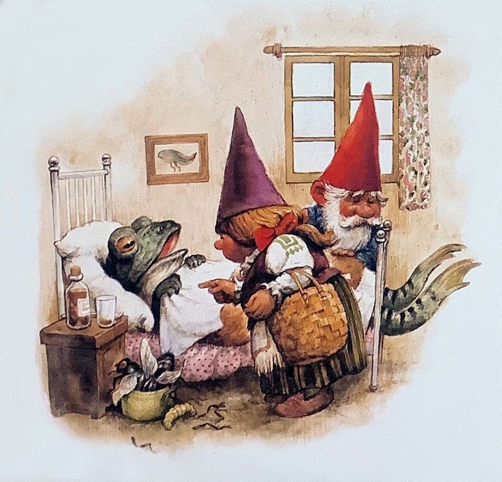 Illustration by Rien Poortvliet of a gnome couple tending to a bedridden frog.