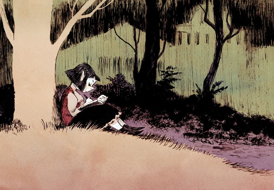 Illustration in ink, Hematite the vampire writing on her journal.