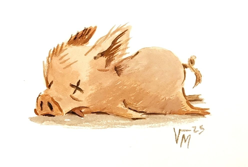 Painting of a pig laying down, tongue out and X eyes (dead-ish but like in a funny way).