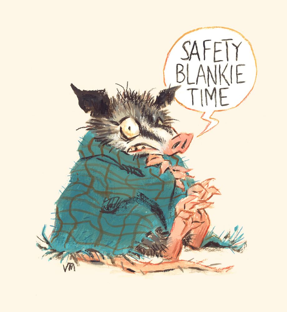Anxious opossum with a blanket, painted in gouache and watercolor by Victoria Maderna. Speech bubble says "safety blankie time".