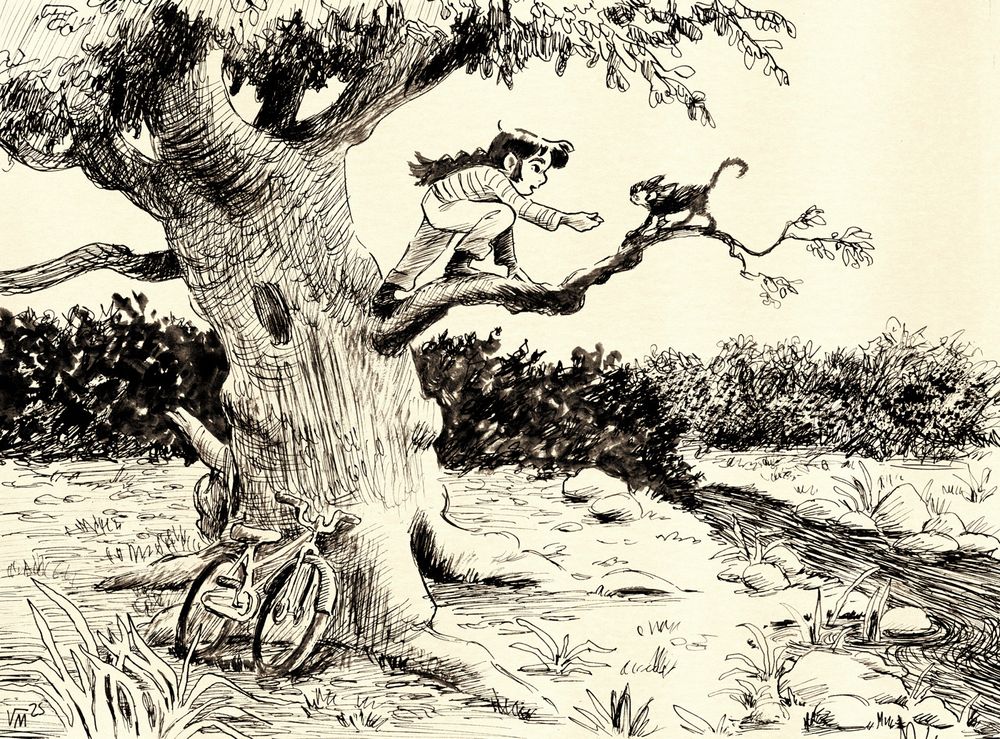 Illustration in ink by Victoria Maderna, a girl coaxing a kitten on a branch of a tree.