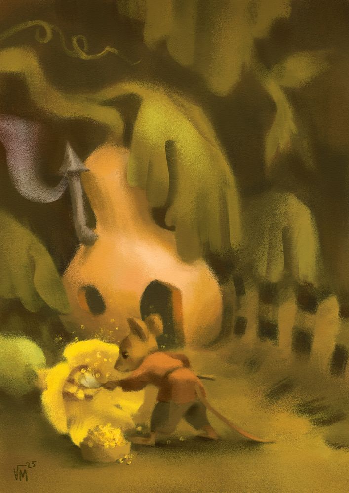 Digital painting by Victoria Maderna. A mouse pollinating a squash flower with a brush, a butternut house in the background.