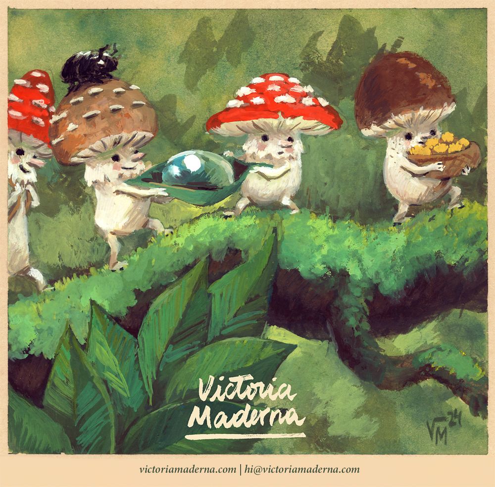 Painting of mushroom people carrying stuff across a mossy branch.