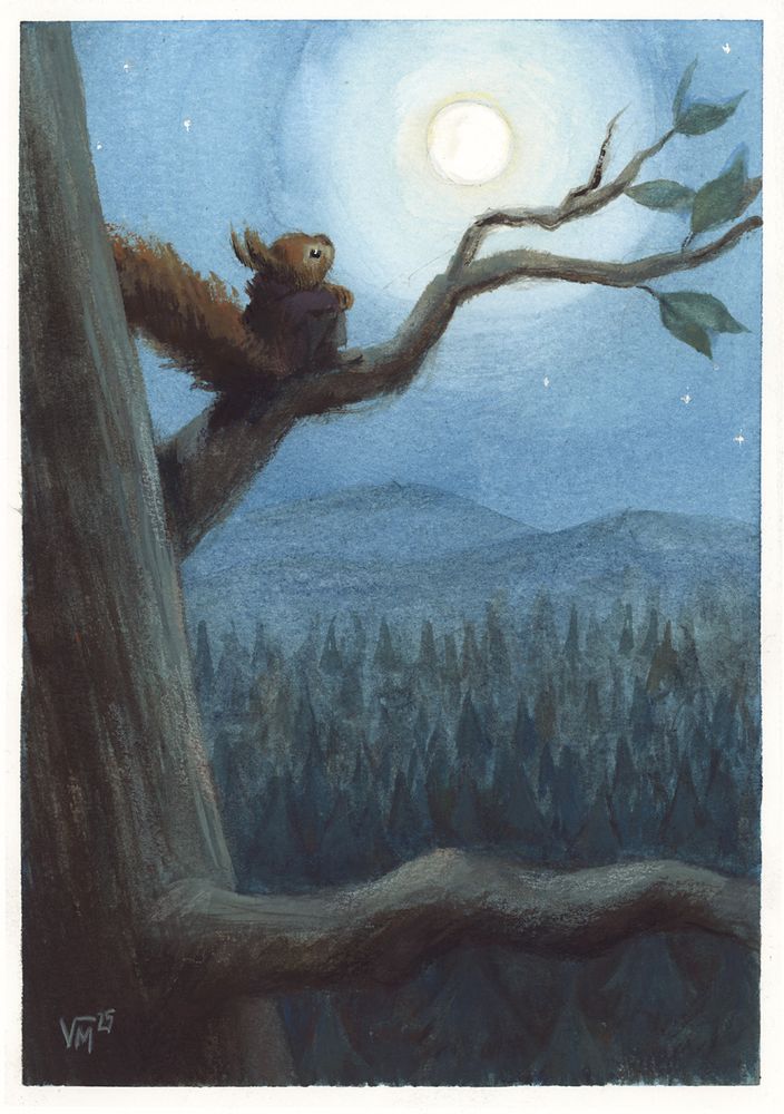 Gouache and watercolor painting by Victoria Maderna. A red squirrel sits on a branch looking at the moon, mountains and forests in the background.