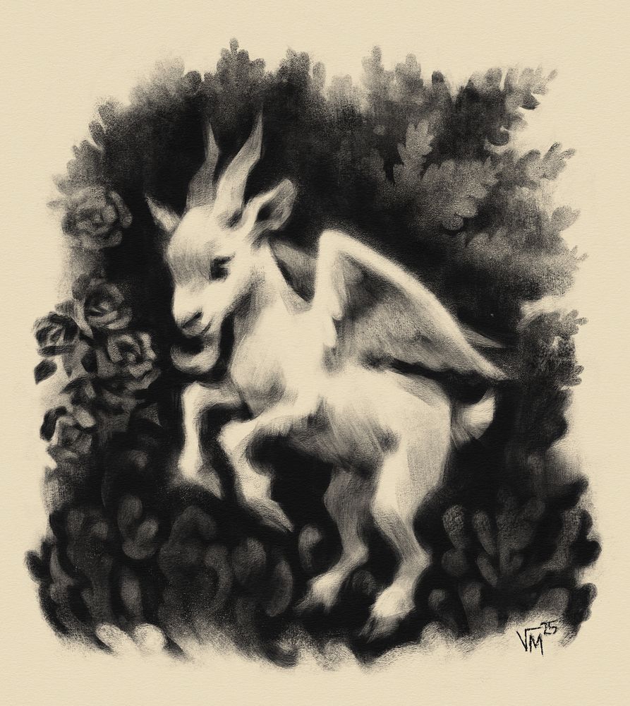 Digital charcoal painting of a goat with wings by Victoria Maderna.