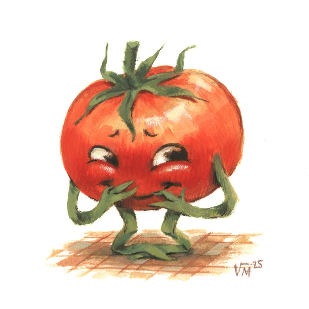 Anthropomorphic tomato looking embarrassed. Painting in watercolor and gouache by Victoria Maderna.