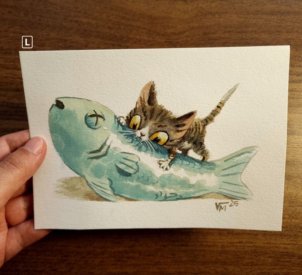 Painting of a tiny kitten biting into a big fish.
