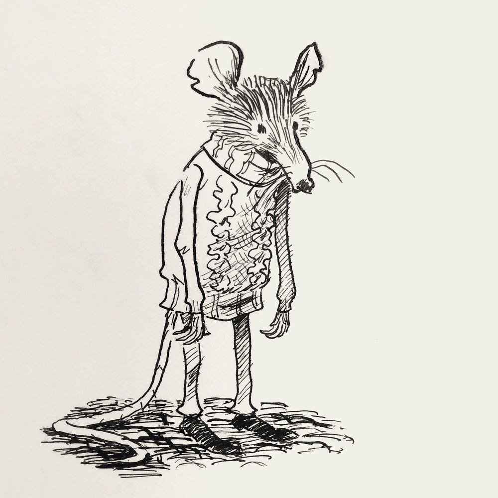 Drawing in ink of a rat wearing a sweater by Victoria Maderna