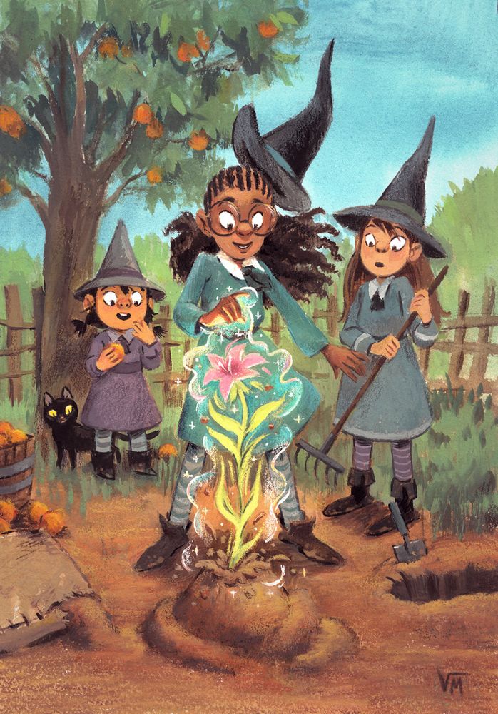 Painting of three witches in a garden, one is making a flower grow with a spell.