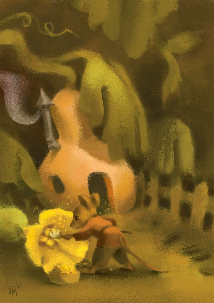 Digital painting by Victoria Maderna. A mouse pollinating a squash flower with a brush, a butternut house in the back.