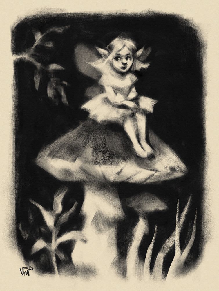 Digital black and white painting of a fairy sitting on a mushroom by Victoria Maderna.