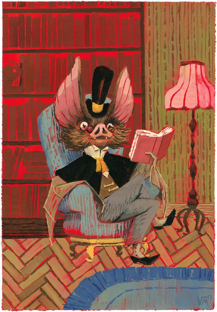 Painting of a fancy bat reading a book.