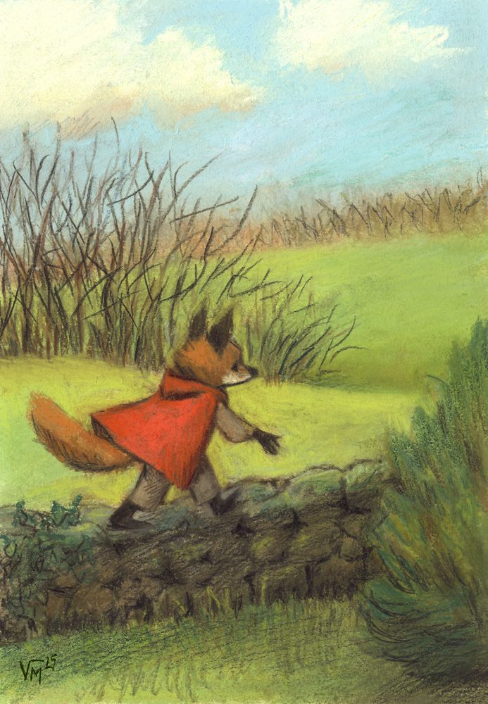 Pastel painting of a fox walking on top of a stone fence, rolling hills behind. By Victoria Maderna.