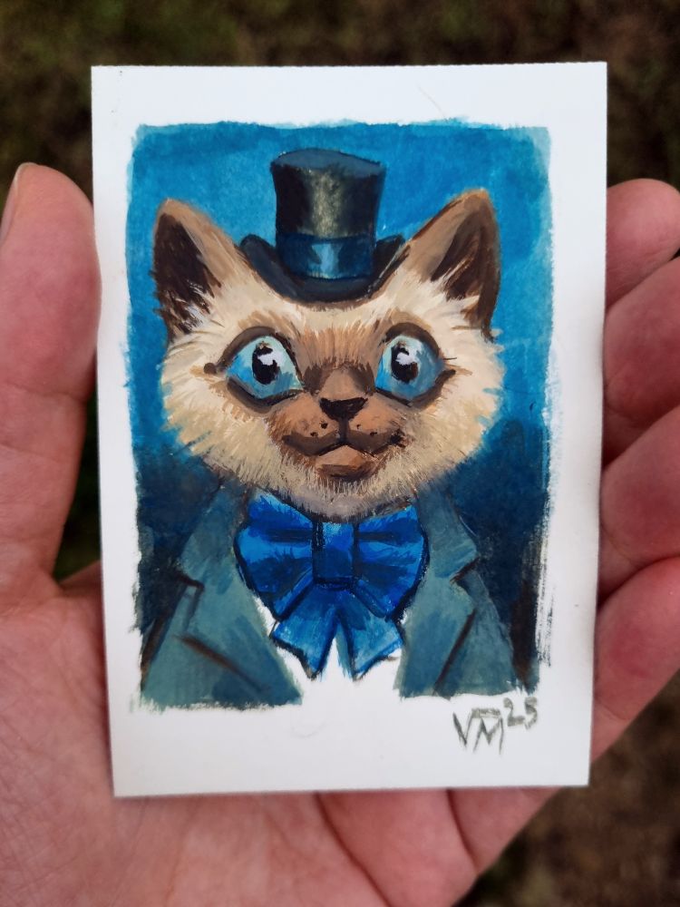 Painting of a cat with a top hat by Victoria Maderna.