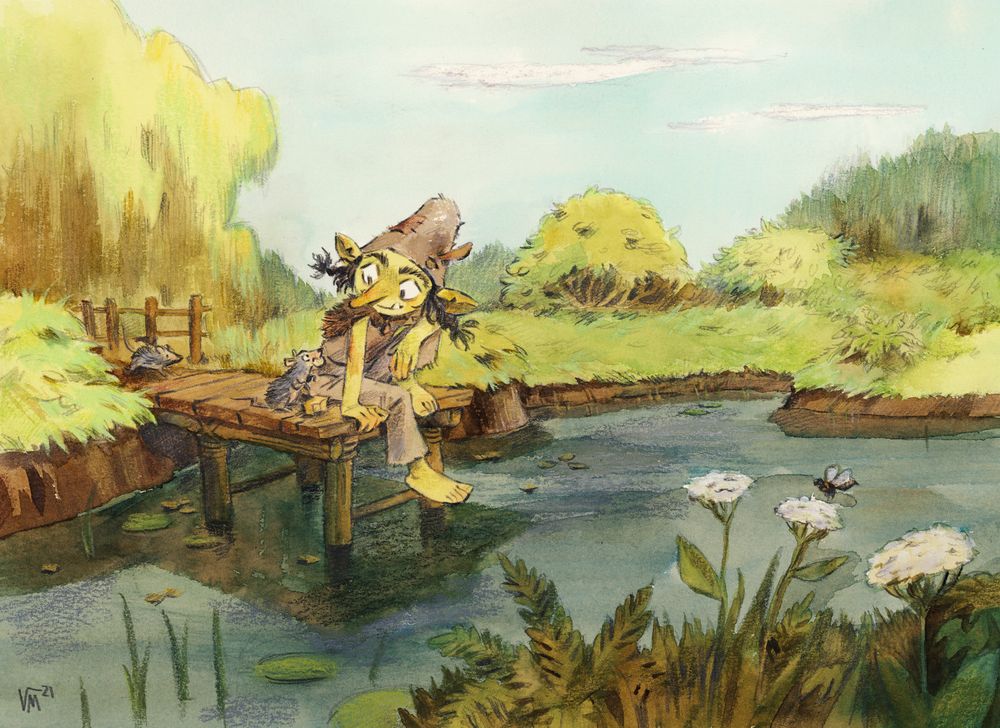Drawing of a goblin girl by a pond with two rat friends.