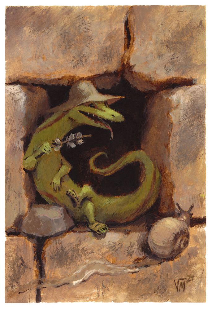 Painting in watercolor and ink by Victoria Maderna depicting a lizard wearing a hat and sandals, holding an insect skewer, sitting inside a hole on a stone wall.