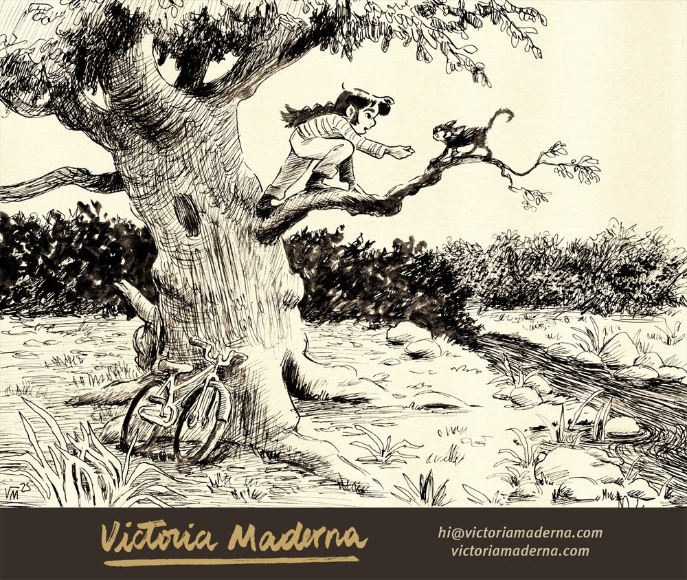 Ink drawing by Victoria Maderna depicting a girl climbing on an old tree branch and offering a treat to a cat.