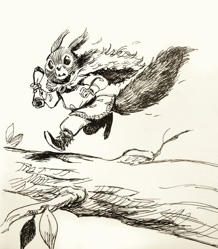 Ink drawing of Ratatoskr running on a branch holding a little scroll. By Victoria Maderna.