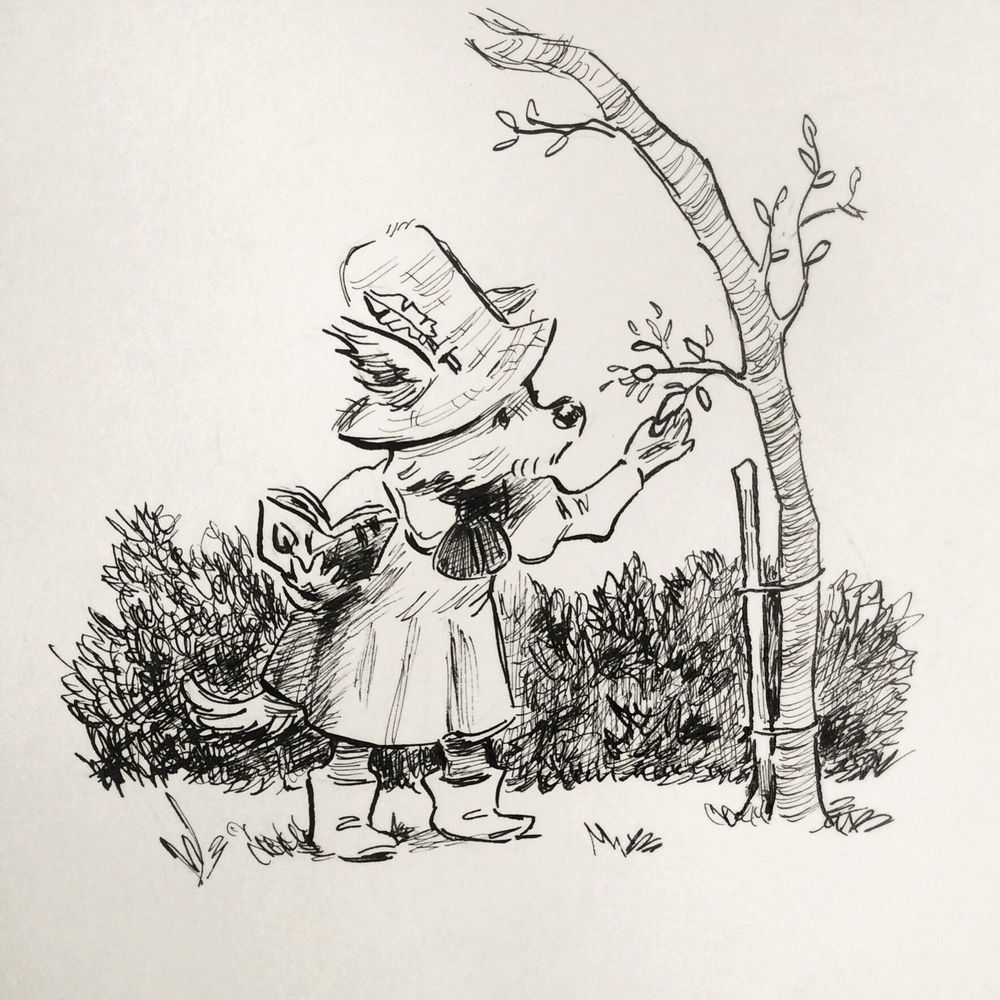 Drawing of a dog with a hat inspecting a leaf on a tree.
