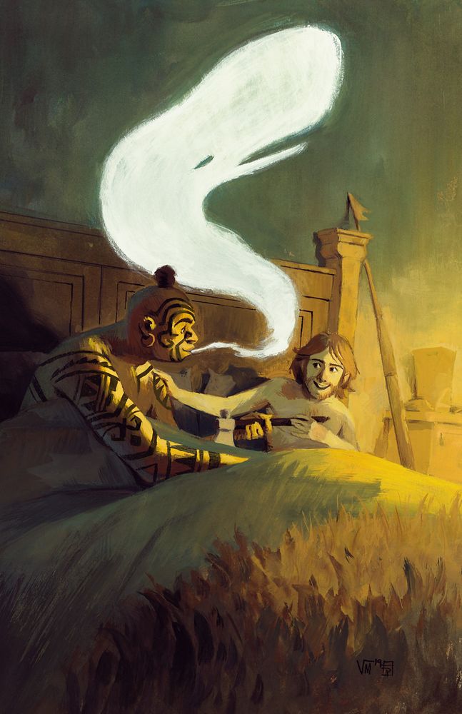Painting of Queequeg and Ishmael sharing a bed and a tomahawk pipe, the smoke makes a whale silhouette.