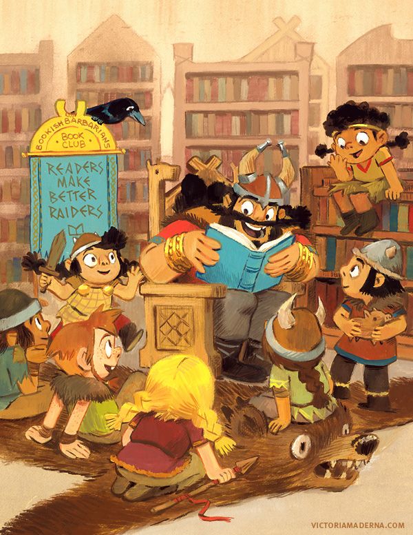 Illustration by Victoria Maderna from the picture book Ronan the Librarian written by T Luebbe and B. Cattie. Ronan in the library reading to children.