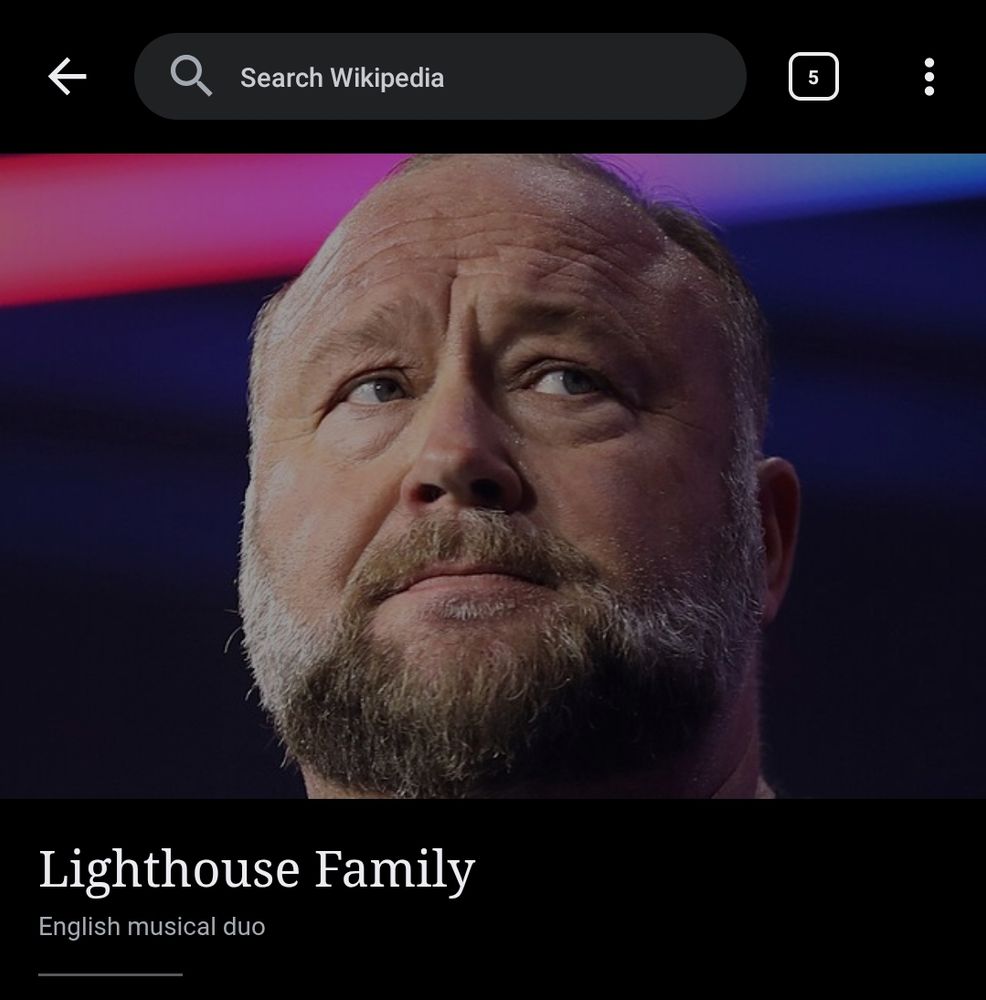 Conspiracy theorist Alex Jones as the header image to the Wikipedia entry for easy-listening music duo The Lighthouse Family