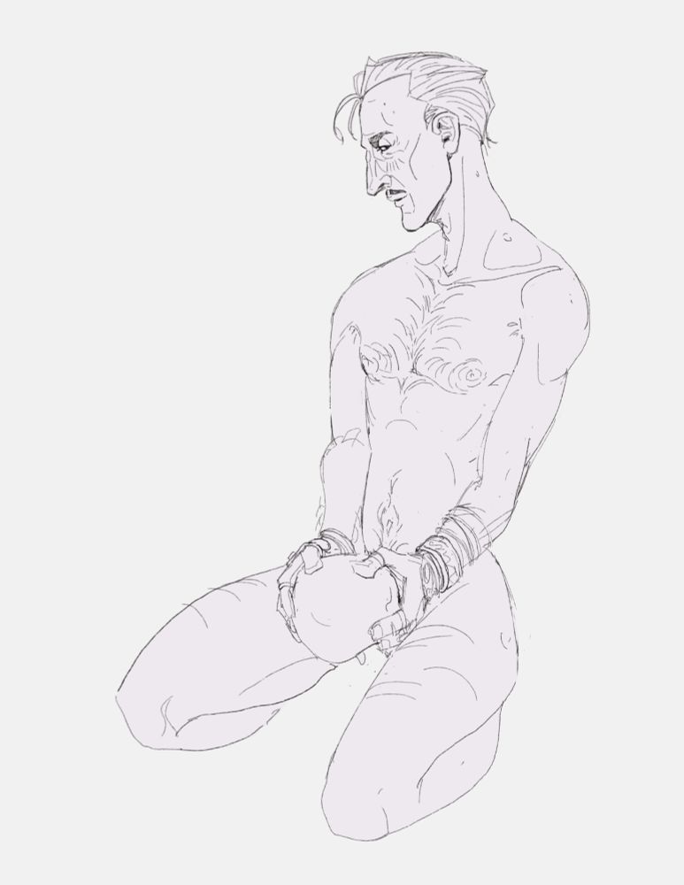 A naked older man with short hair, a pencil moustache and an assortment of jewelry on his arms and fingers is fucking a skull.