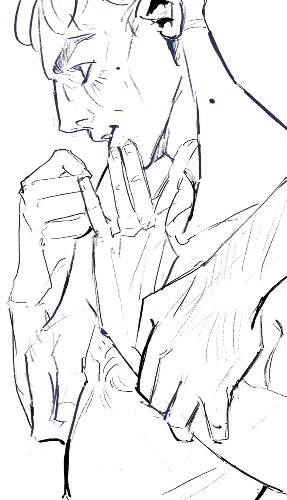 A naked man looks blissful. Eyes closed, one hand to his lips as if tracing the remnants of a kiss.