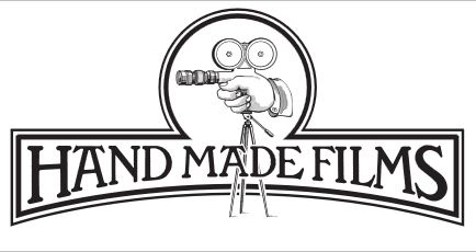 Logo for Hand Made Films, featuring a drawing of an outsized hand gripping and old movie camera.