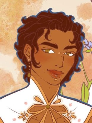 Digital painting of a young man with warm, brown skin covered in freckles. He has deep, dark auburn curls and hazel eyes. His lips are full, rosy, and shiny. He has a bridge piercing, as well as a labret, and a dangling earring. HD is wearing a white garment with an abstract floral chest cutout.