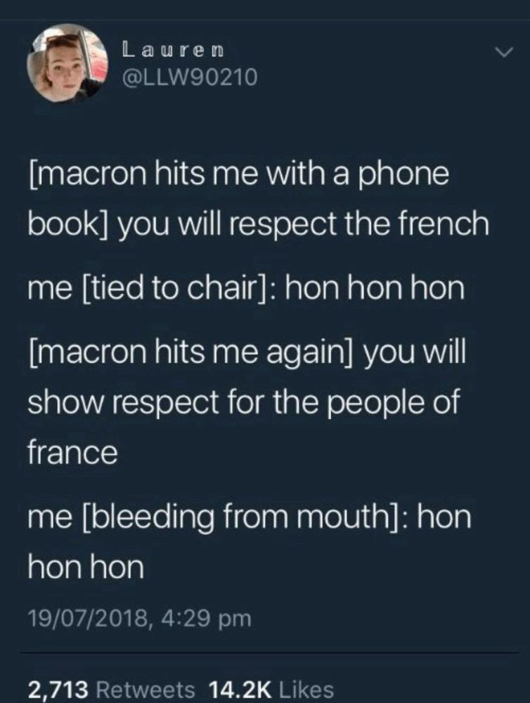 Screenshot of old Lauren tweet:

[macron hits me with a phone book] you will respect the french
me [tied to chair]: hon hon hon [macron hits me again] you will show respect for the people of france
me [bleeding from mouth]: hon hon hon